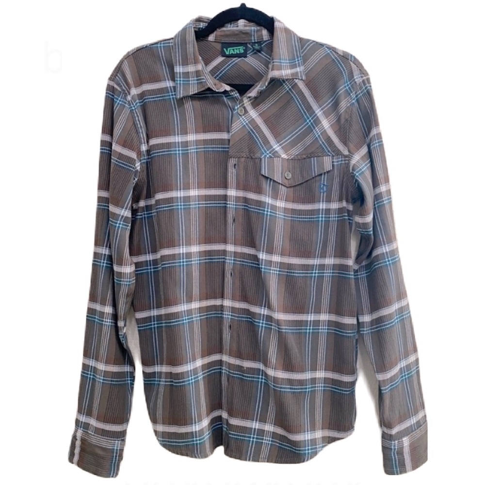 Vans Men Brown Blue Plaid Long Sleeve Button-Down Shirt S